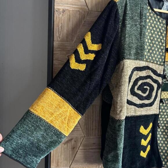 Indigo Moon Women's Outerwear Patchwork Jacket Green Yellow Black Size L - Picture 2 of 7